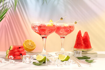 Ice punch with watermelon slices, lemon, mint, ice with tequila, vodka or soda water on elegant...