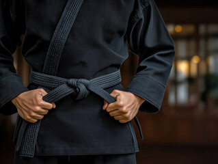 Martial artist in black uniform is adjusting his belt, showcasing focus and determination, with a blurred dojo background emphasizing discipline and training