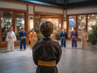 Young martial artist in black uniform with yellow belt stands facing a group of children in colorful uniforms, engaged in training session within a traditional dojo setting
