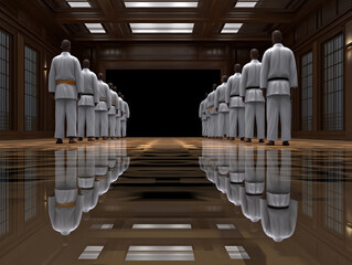 Group of martial artists in white uniforms standing in a traditional dojo, reflecting on polished wooden floor, preparing for training session in serene environment