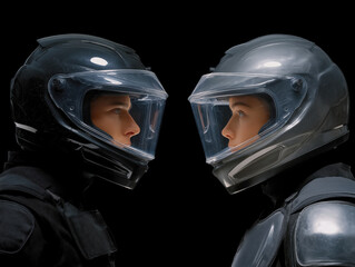 Two motorcyclists in protective helmets face each other, showcasing sleek designs and contrasting colors, emphasizing safety and style in motorcycle culture