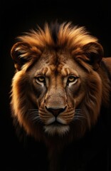 Naklejka premium Dramatic portrait captures majestic lion face with intense gaze. Golden mane frames powerful head. Dark background isolates predator, emphasizing wild nature, strength. Animal kingdom icon, royalty,