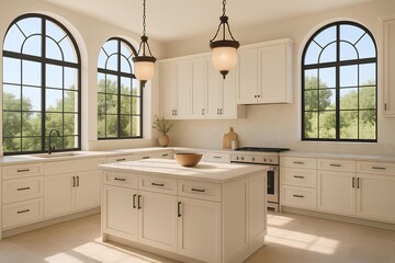 Fototapeta premium Contemporary kitchen with large arched windows, stone tile flooring, off-white cabinets, Mediterranean-inspired lighting, open and bright