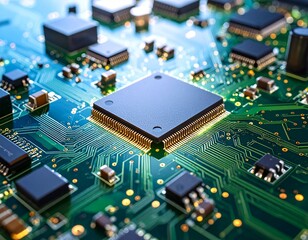 Circuit Board: A printed circuit board displays integrated circuits and various electronic components.