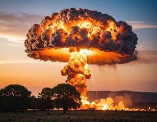 Nuclear Explosion: A mushroom cloud billows in shades of orange and brown.