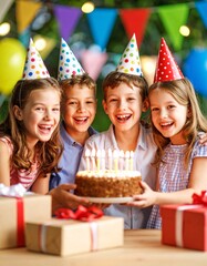 Birthday Celebration: Children in festive hats joyfully celebrate a birthday with cake and gifts.