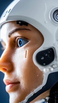 Futuristic female android gazes with intriguing expression in high definition 2160x3840 sequence
