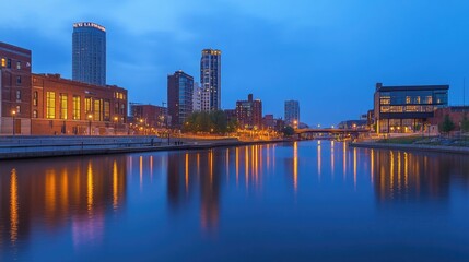 Obraz premium Cityscape twilight, river reflections, urban architecture.