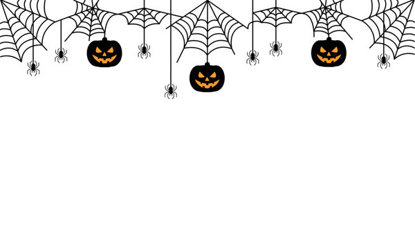 Halloween border with hanging spiderwebs, black spiders, and glowing jack-o'-lantern pumpkins in vector design on white background, perfect for party invitations or spooky-themed decorations