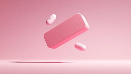 Pink pills levitate, pastel background, healthcare ad