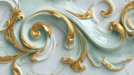 Ornate wall paneling in light mint green and gold