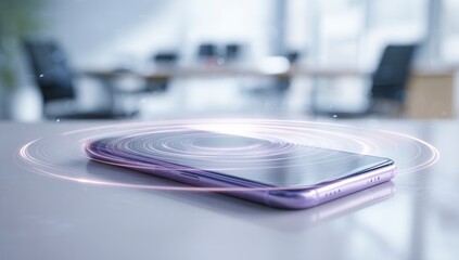 Wireless charging phone on office desk, modern workspace background
