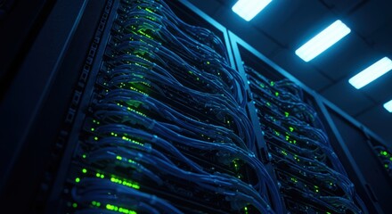 Intricate network of blue cables illuminated by green and white lights in a server room environment