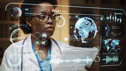 Doctor Reviews Global Health Data on Futuristic Interface - Powered by Adobe