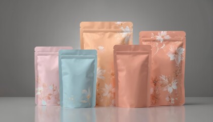 Collection of modern pouches with floral designs. Includes pink, light blue, peach colored flexible packaging bags with resealable zippers. Ideal for beauty products, food items, retail packaging