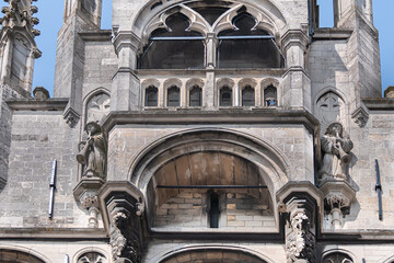 Old Town Hall of Gouda (Stadhuis van Gouda, 1448 - 1450), it is one of oldest Gothic city halls in the Netherlands. Architectural fragments of the facade. Gouda, the Netherlands.