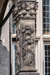 Old Town Hall of Gouda (Stadhuis van Gouda, 1448 - 1450), it is one of oldest Gothic city halls in the Netherlands. Architectural fragments of the facade. Gouda, the Netherlands.