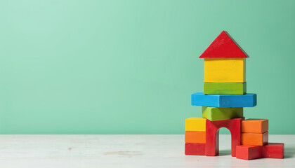 Colorful toy house built from wooden blocks on mint green background. Red roof, yellow walls, blue base. Offers creative play, learning, toddler fun, preschool education. Bright childhood development.