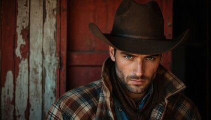 Rugged cowboy portrait featuring man with beard, hat. Wears plaid shirt, scarf against rustic red wooden backdrop. Intense gaze, weathered features evoke sense of frontier spirit, rugged