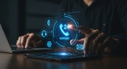 Digital communication hub featuring futuristic holographic icons for global connectivity and business interaction