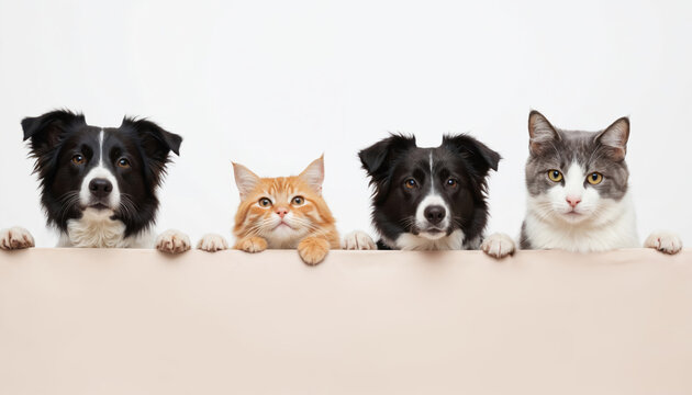 Four pets, dogs, cats, pose together above blank banner for text. Two border collies, two cats, one orange tabby, one grey, white, look forward. Cheerful group perfect for pet adoption, pet care
