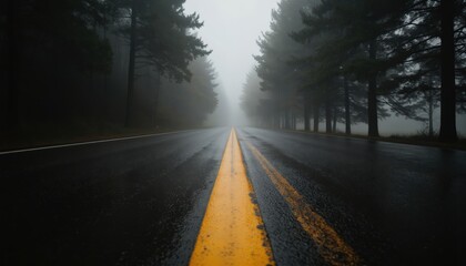 Fototapeta premium Wet asphalt road with yellow center line on a foggy day. Trees line the scenic route disappearing into the mist. The atmospheric perspective creates a vanishing point, suggesting a long journey ahead.