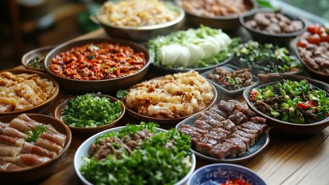 Top View of Assorted Traditional Middle Eastern Food Dishes on a Table, Perfect for Cultural and Culinary Concepts 