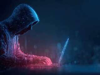 AI driven automated security response and threat detection. Artificial intelligence powered firewall and network defense. Man using laptop computer with machine learning based network security system