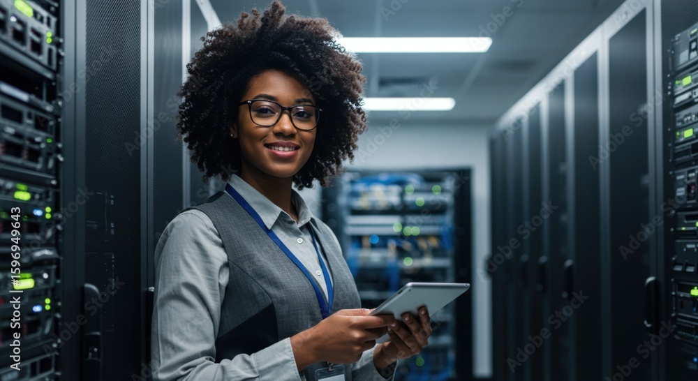 Poster smiling woman in glasses works with tablet amidst rows of server racks in a data center