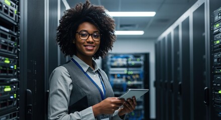 Smiling woman in glasses works with tablet amidst rows of server racks in a data center