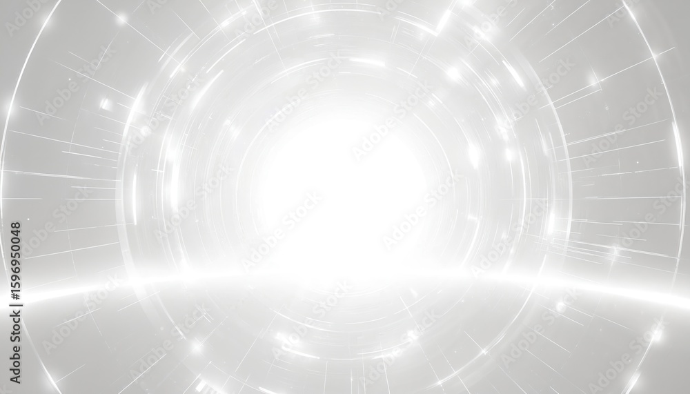 Poster abstract glowing tunnel with futuristic technology elements. white, grey tones convey digital data f