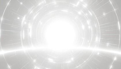 Abstract glowing tunnel with futuristic technology elements. White, grey tones convey digital data flow and innovation. Bright light emanates from center, suggesting progress and future.