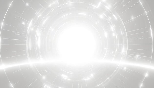 Abstract glowing tunnel with futuristic technology elements. White, grey tones convey digital data flow and innovation. Bright light emanates from center, suggesting progress and future. - Powered by Adobe