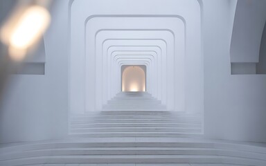 Endless white corridor with repeating arches and a bright light at the end of the hallway