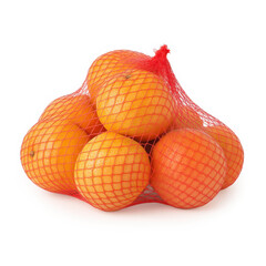 Whole Oranges in Red Mesh Packaging on White