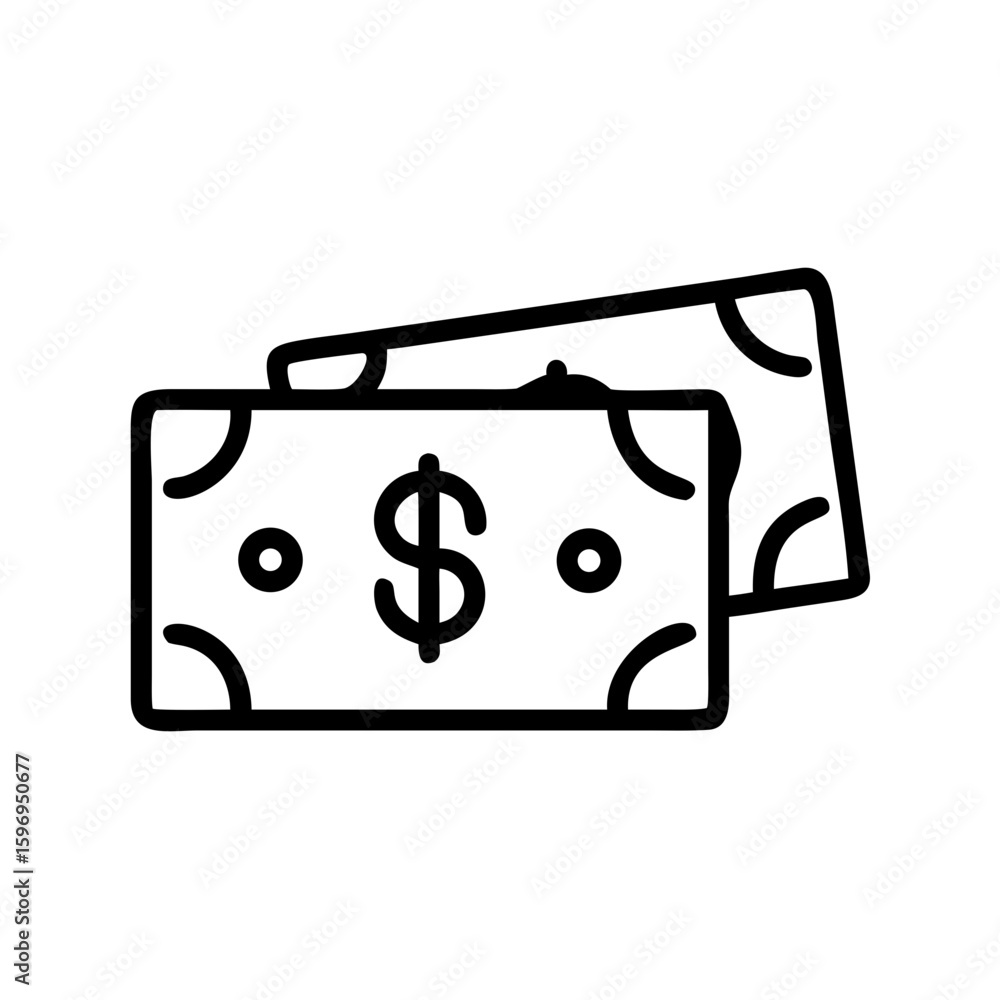 Poster two paper currency notes stacked with dollar sign and corner design in a simple line drawing style