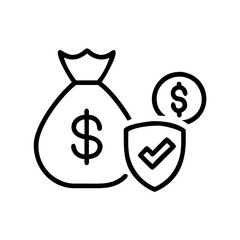 Money bag with dollar sign next to a coin and shield with a checkmark displayed nicely here