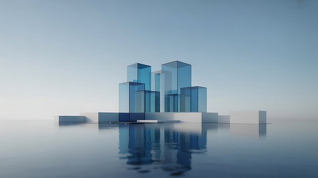 Modern glass skyscrapers rise from calm water reflecting blue sky and futuristic architectural design