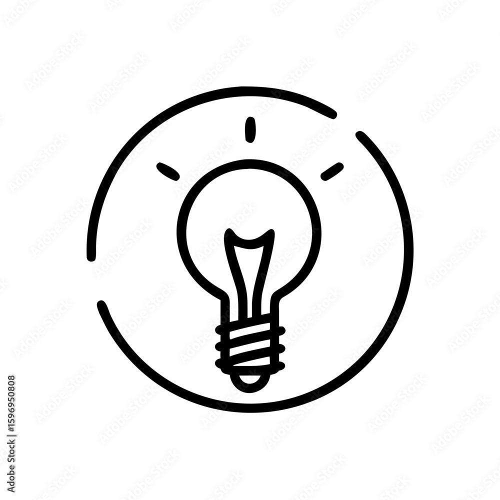 Poster a simple line drawing of a lightbulb inside a circle with radiating lines on a white background imag
