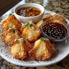Fried Wontons with Dipping Sauces on Plate