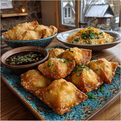 Fried Wontons on Plate with Salad, Dipping Sauce, and Wonton Bowl