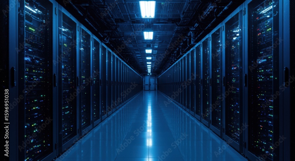 Poster expansive data center aisle illuminated by overhead lights showcasing rows of server racks