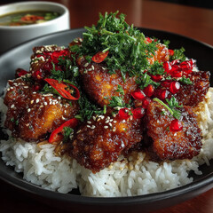 Bowl of Rice with Glazed Chicken and Garnishes