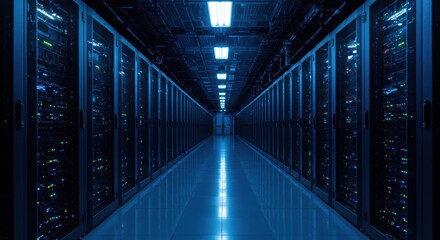 Expansive data center aisle illuminated by overhead lights showcasing rows of server racks