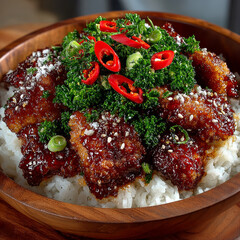 Chicken and Rice Bowl with Garnish in Wooden Bowl