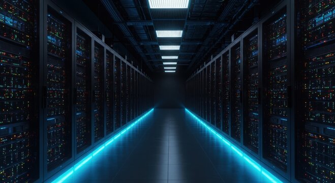 Illuminated server room aisle with rows of racks and glowing blue light strips