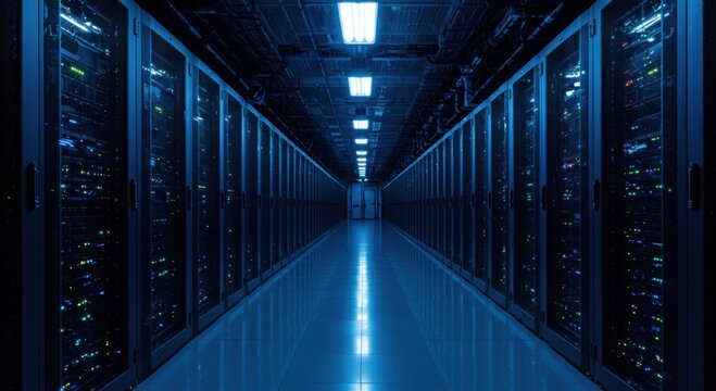 Expansive data center aisle illuminated by overhead lights showcasing rows of server racks