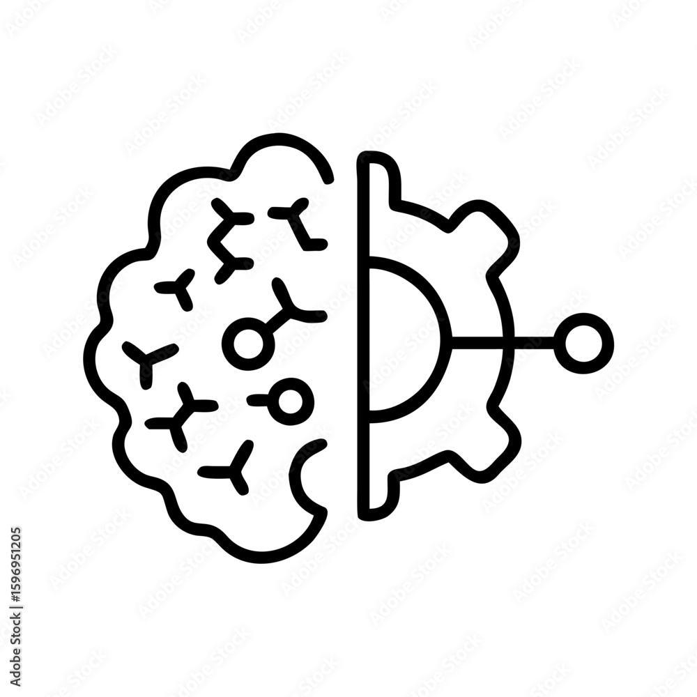 Poster a schematic of a brain paired with a gear representing cognitive processes and automation concept