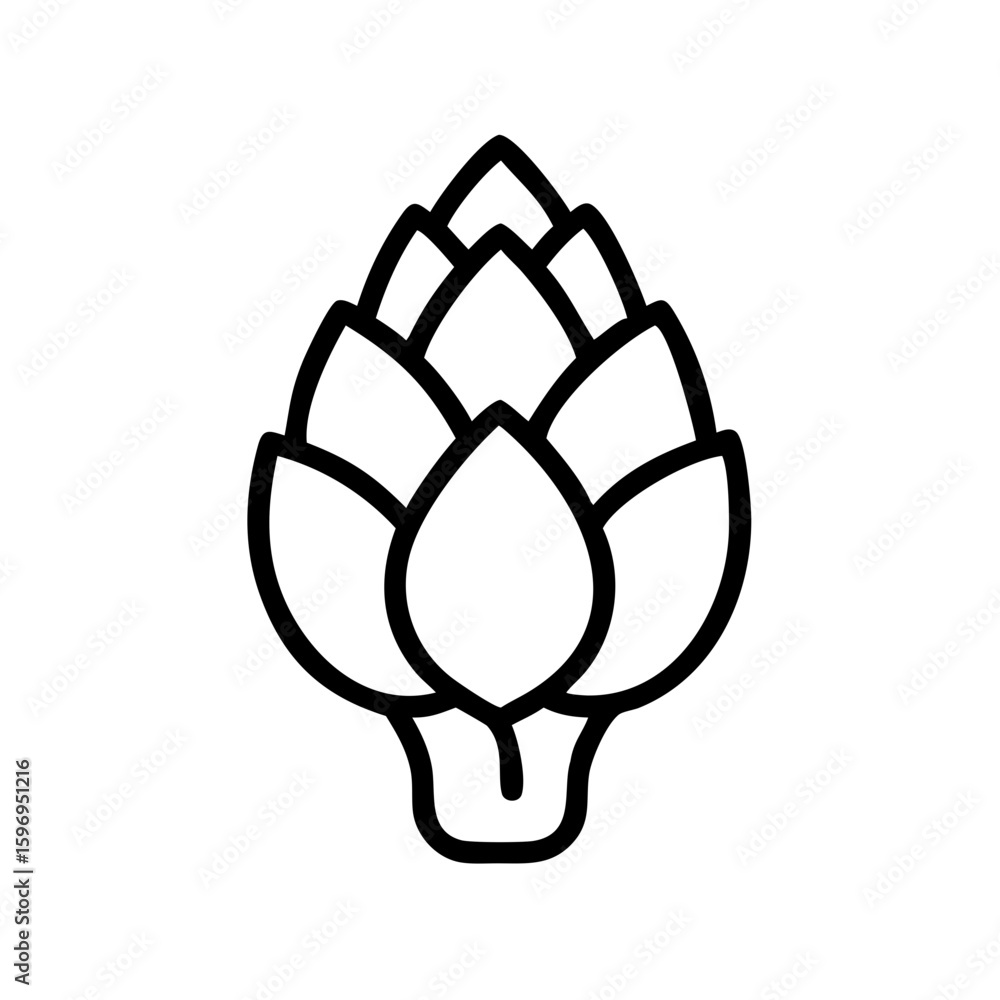 Poster simple line art depiction of a single artichoke with multiple overlapping leaves and a short stem ba