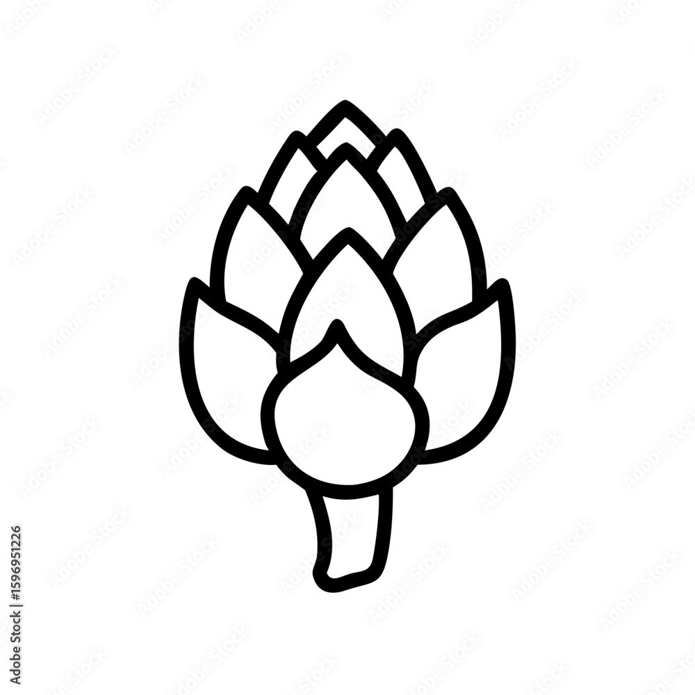 Poster a drawing of an artichoke with its layered leaves and stem in a simple black outline design style